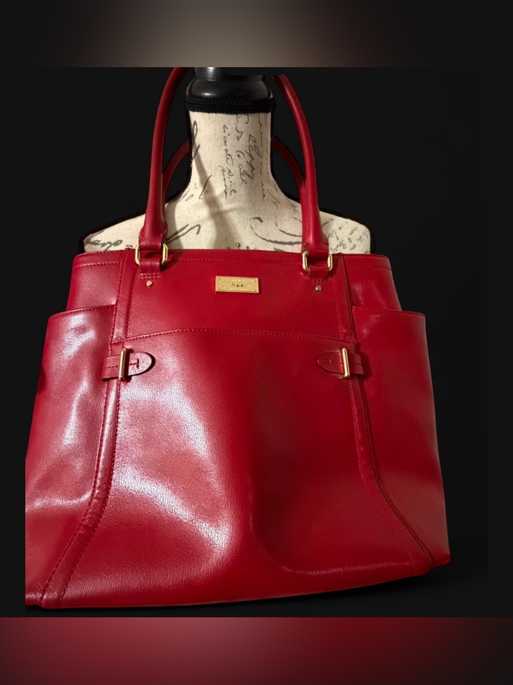 Ralph Lauren Deep Red Leather Tote with Gold Plaque